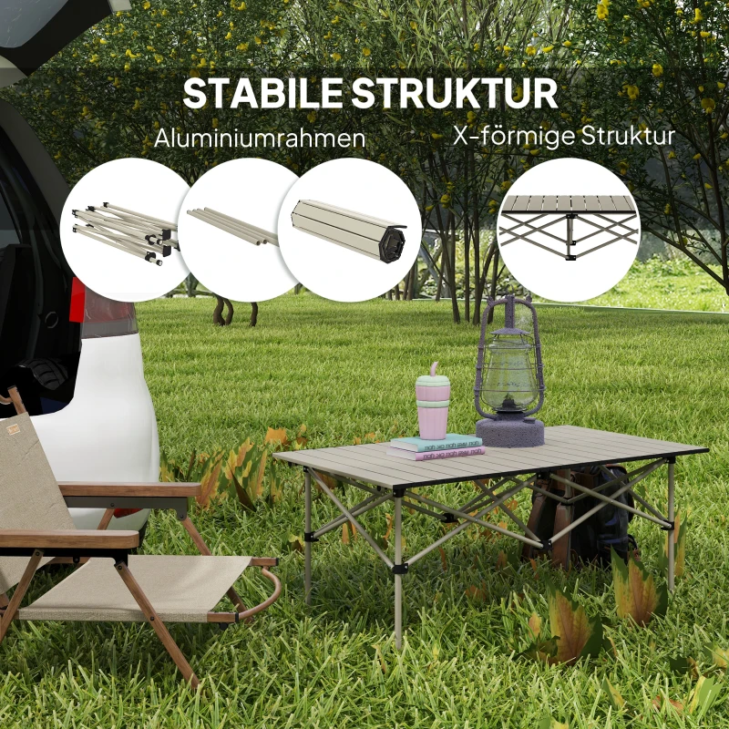 Outsunny Opvouwbare Campingtafel met Oprolbaar Tafelblad, Tuintafel van Aluminium voor 2 Personen, 95 x 55 cm, Khaki