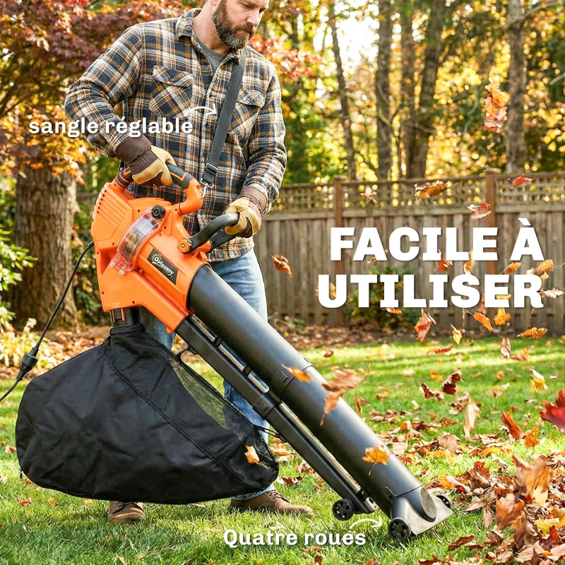Outsunny Aspirateur-souffleur de feuilles filaire 3000w 3-en-1 avec fonction broyage, sac de collecte 40l, 4 roues, vert