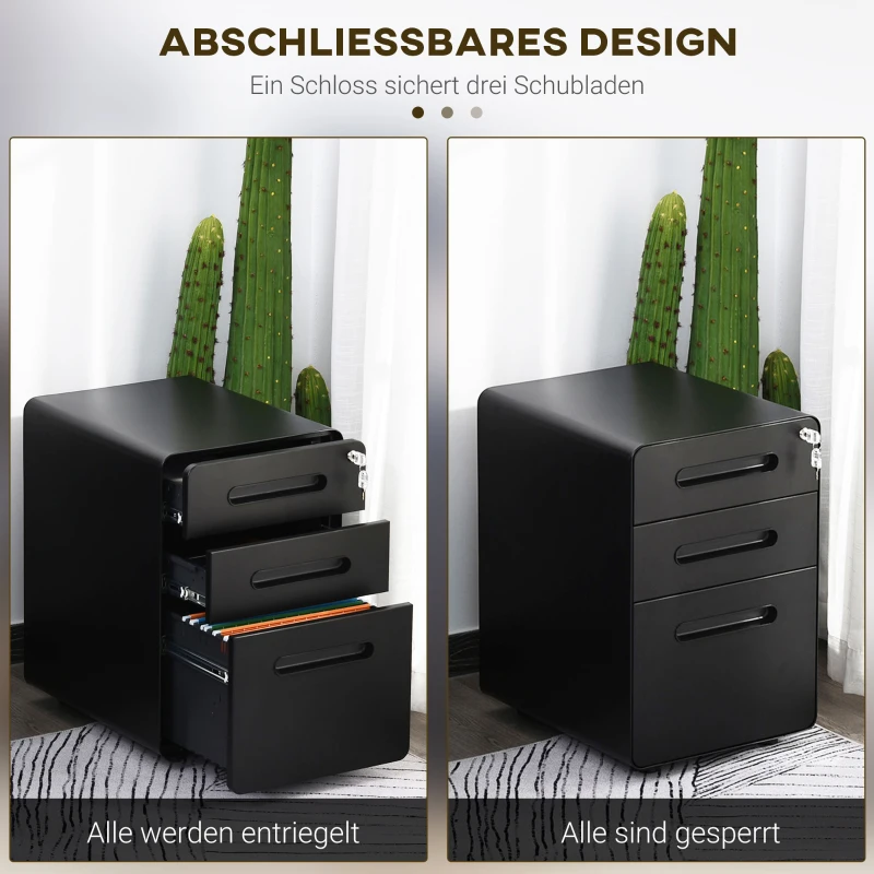 Vinsetto rolcontainer, archiefkast, kantoorcontainer met 3 laden, kantoorkast, opslag, container, staal, zwart, 39 x 48 x 59 cm