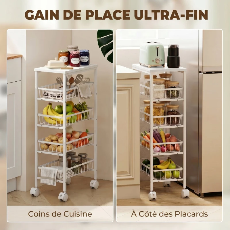 HOMCOM Chariot de rangement à 4 niveaux, desserte à roulettes avec paniers amovibles, cadre en métal, blanc