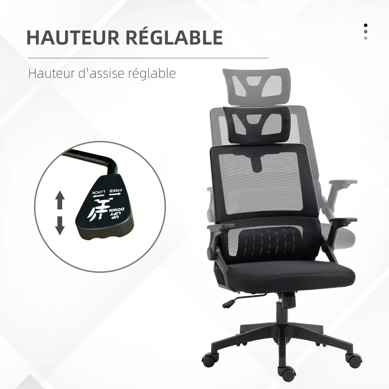 Vinsetto Fauteuil de bureau réglable tissu maille polyester dossier ergonomique inclinable pivotant Noir