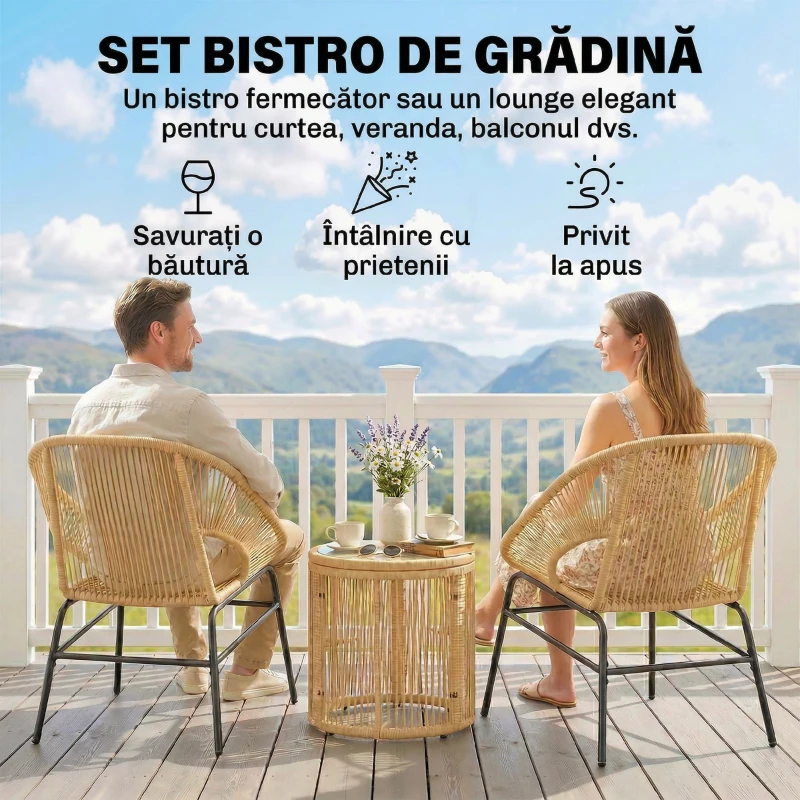 Outsunny Set Bistro cu 3 Piese, Set de Terasă din Ratan pe și Oțel, Bej