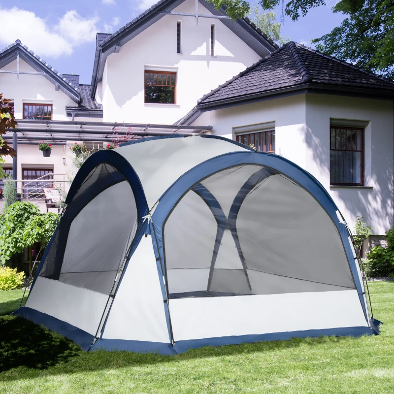 Outsunny Tente de camping dôme familiale pour 6-8 personnes avec 4 portes en filet zippées, tissu Oxford amovible, crochet pour lampe, sac de transport dim. 350L x 350l x 230H cm - blanc et bleu