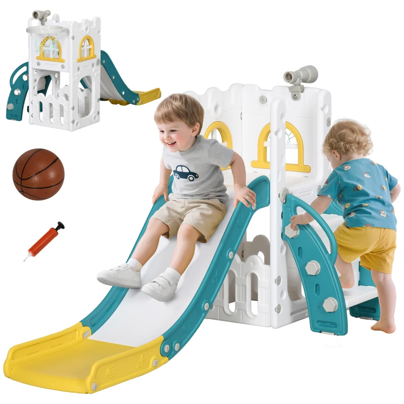 AIYAPLAY Kinderglijbaan, 5-in-1, peuterglijbaan met basketbalring, telescoop en klimrek Geel 70 x 177 x 92 cm(m-11)