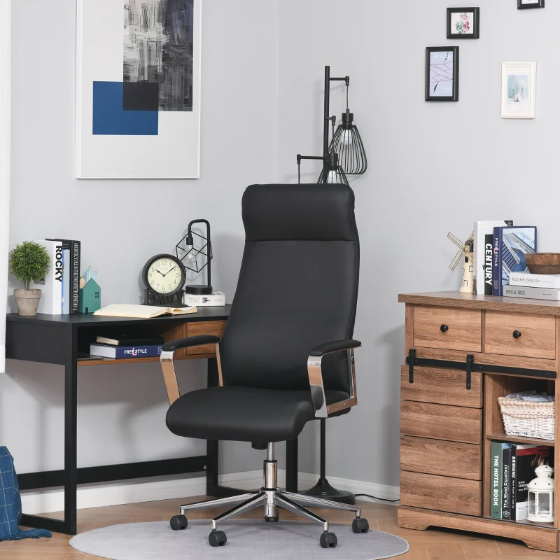 HOMCOM Fauteuil de bureau manager design contemporain hauteur assise réglable pivotant 360° piètement accoudoirs chromés PU noir
