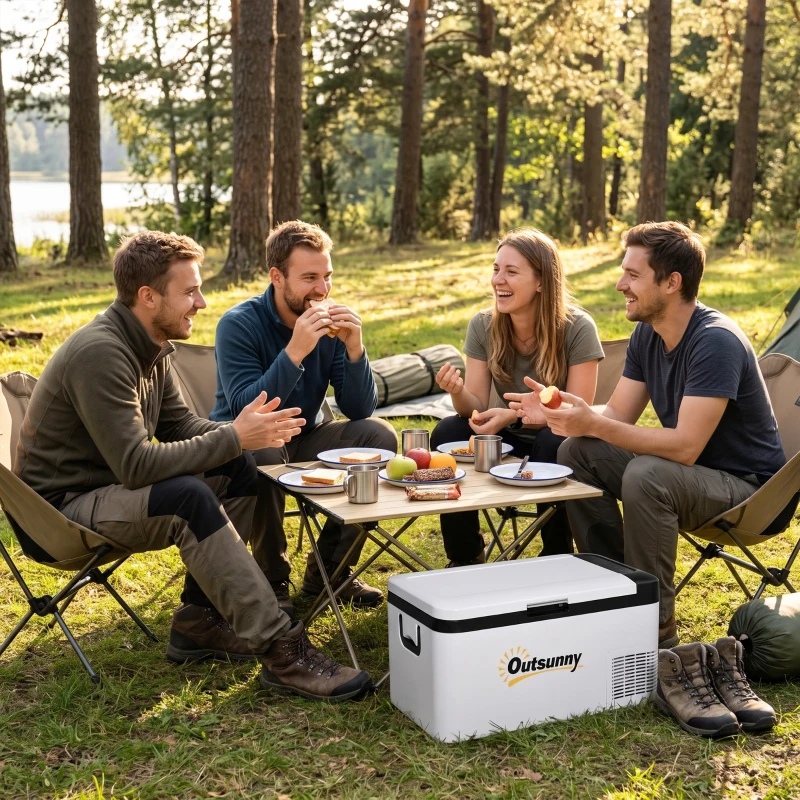 Outsunny Nevera Portátil Eléctrica 18L 12/24V hasta -20℃ Nevera y Congelador de Compresor para Coche con Doble Zona Luz LED Asas Plegables Bajo Consumo Energético para Camping 58,5x33,5x29,2 cm Blanco