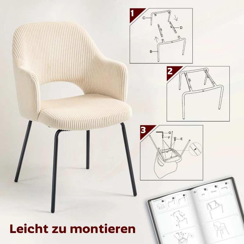HOMCOM Eetkamerstoel, Ribfluweel, Schelpvorm, Metalen poten, Voetpads, Beige