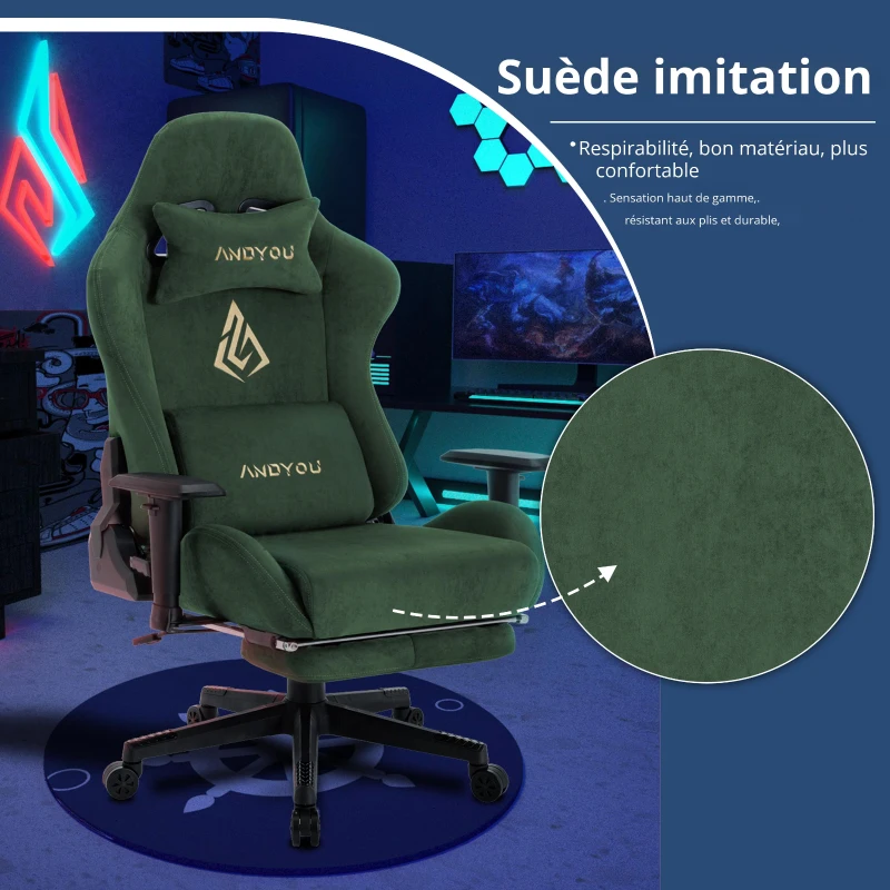 Fauteuil gaming avec repose-pieds, similicuir respirant, réglable en hauteur avec vérin à gaz, pivotant, 70x70x135 cm, Vert