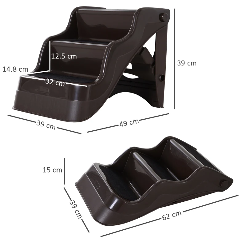 PawHut 3-steps Dog Stairs, Plastic Cat Ladder Lightweight, Pet Access Steps, for Bed, Sofa, Non-slip Stickers, Brown