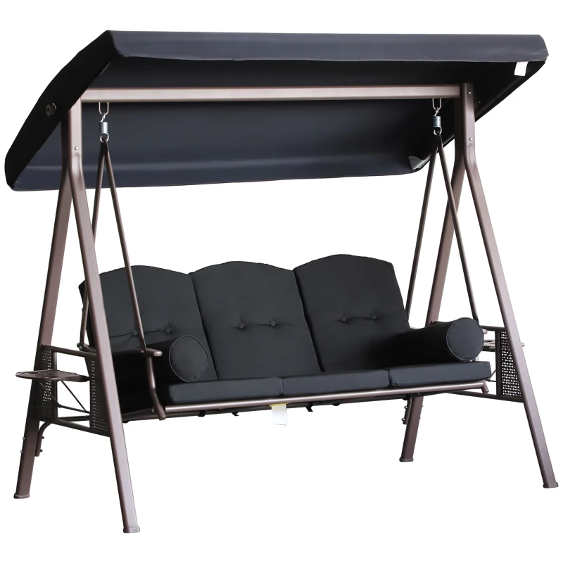 Outsunny Balancelle de jardin 3 places toit inclinaison réglable coussins plateaux rétractables polyester filé noir