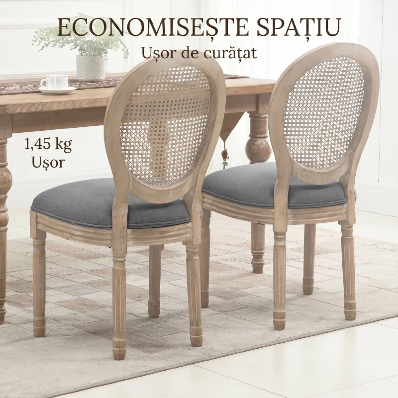 HOMCOM Set 2 Scaune de Dining Vintage, Material cu Efect de In, Spătar din Ratan Perforat, Picioare din Lemn, Gri