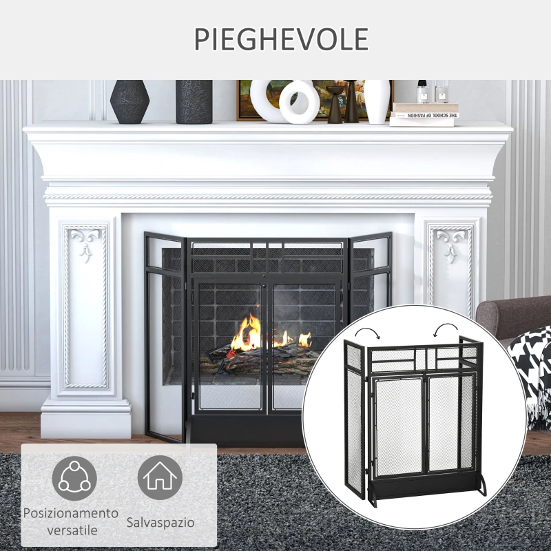 HOMCOM Parascintille Pieghevole a 3 Pannelli con Doppia Porta in Metallo, 120x11.5x79 cm, Nero