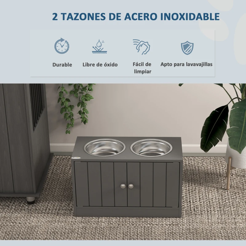 PawHut Comedero Elevado para Perros Grandes con 2 Cuencos de 2000ml y Almacenamiento Oculto 60x30x35,5 cm Gris