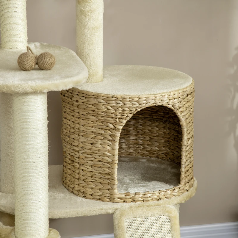 PawHut kattenboom, met kattenhuis, meerdere platforms, hangmat, krasmat, kantelbescherming, beige, 60 x 60 x 150 cm