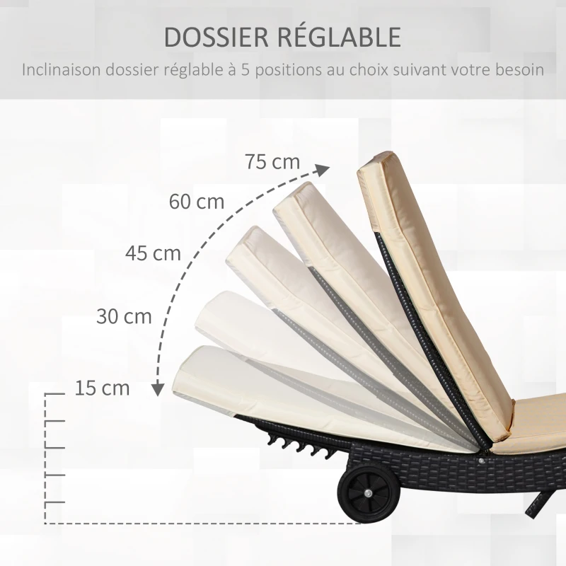 Outsunny Bain de soleil transat grand confort - dossier inclinable 5 positions roulettes - matelas déhoussable inclus - résine tressée noire et beige