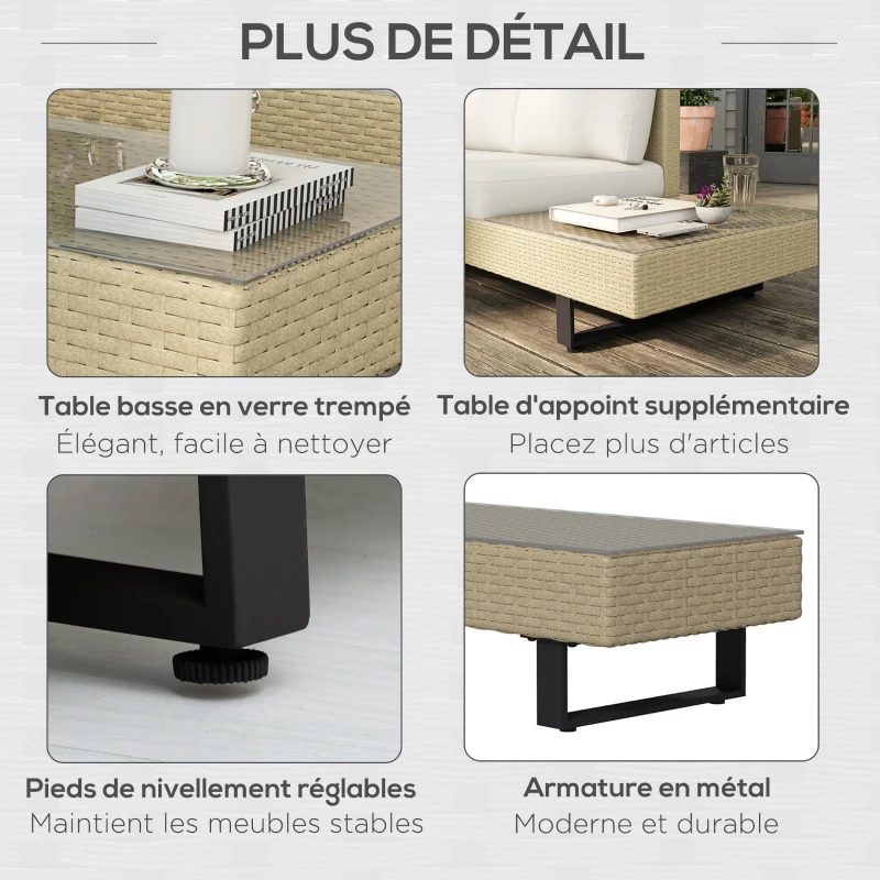 Outsunny Salon de jardin d'angle 5 places design contemporain coussins déhoussables table basse acier époxy résine tressée beige