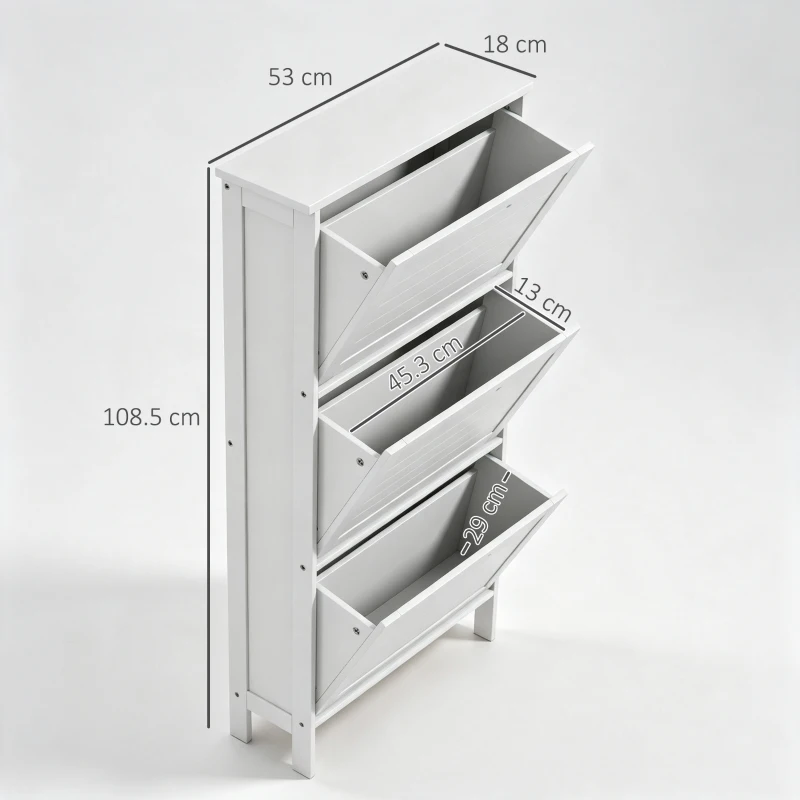 HOMCOM Narrow Shoe Cabinet with 3 Flip Drawers - White