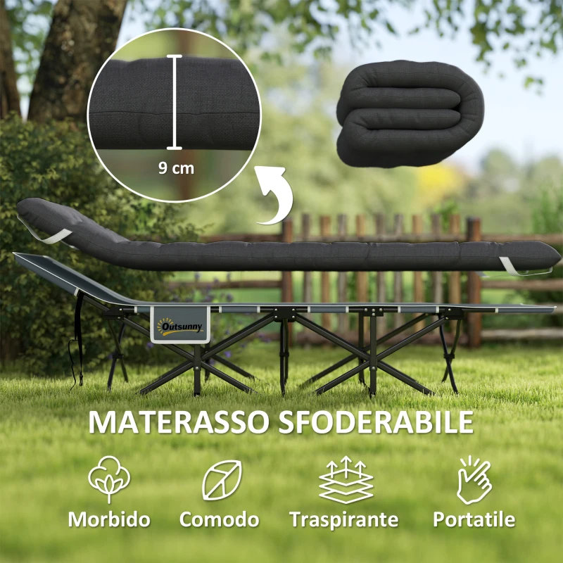 Outsunny Lettino da Campeggio Pieghevole con Poggiatesta Inclinato e Materasso Rimovibile, 186x68x37 cm, Nero