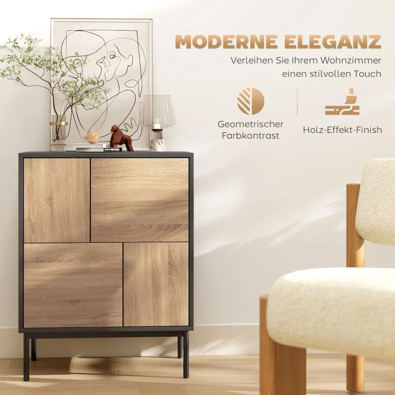 HOMCOM Dressoir met push-to-open-deuren, eetkamerkast met metalen poten, keukenkast, MDF, Zwart+Natuurhout(m-5)