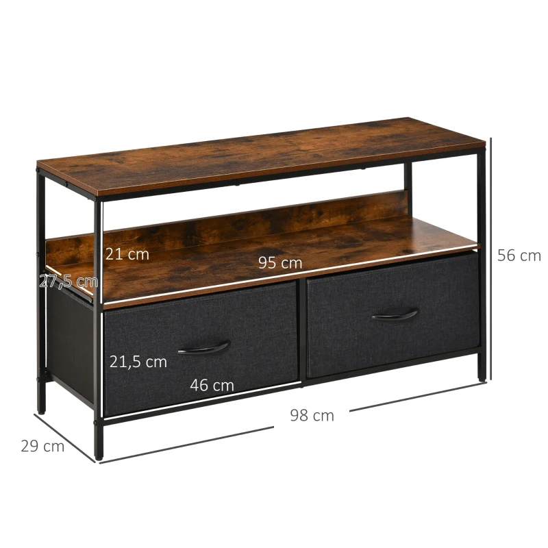 HOMCOM Mueble de TV, Mesa de TV con Estante y 2 Cajones de Tela Plegables, para Televisores hasta 47 Pulgadas, Largo de 98 cm, para Salón, Dormitorio, Marrón Rústico y Negro