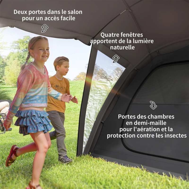 Outsunny Tente de camping familiale pour 4-6 personnes, tente tunnel imperméable 3000 mm avec 2 portes, sac de transport, noir