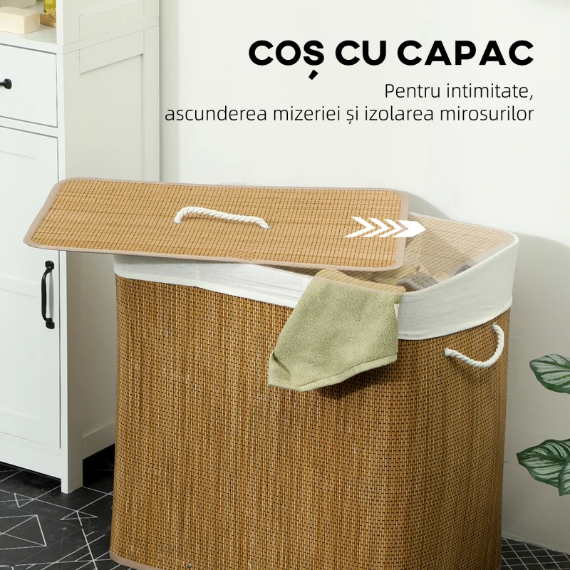 HOMCOM Coș pentru Rufe din Bambus cu Capac, 144L, 3 Compartimente, Sac Detașabil și Lavabil, Mânere, Maro