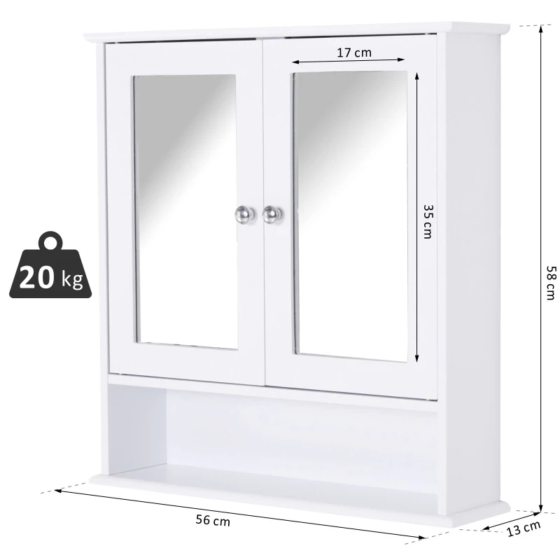 kleankin spiegelkast, wandkast met 3 opbergvakken, make-upkast, MDF, wit, 56 x 13 x 58 cm