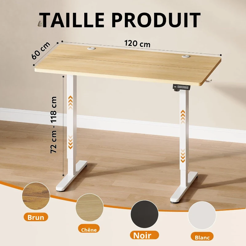 Bureau réglable en hauteur électrique, moteur silencieux avec mémoire 3 positions et système anti-collision, 120 × 60 cm, 120x60x72-118 cm, coloris chêne
