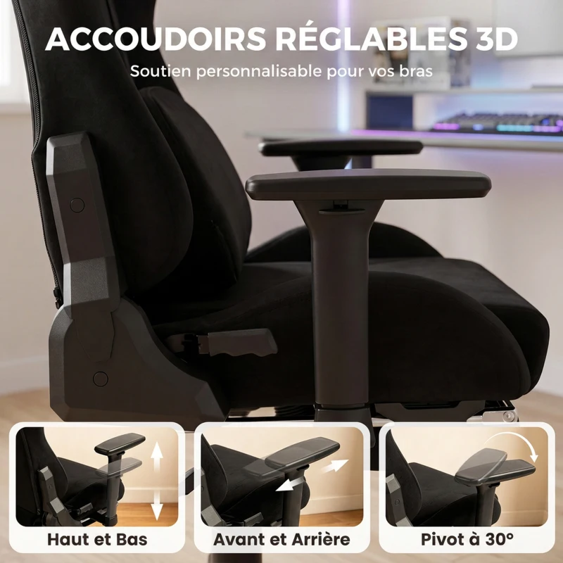 HOMCOM Chaise Gaming Ergonomique Massante et Coussin Lombaire Chauffant, Fauteuil Gaming Inclinable en Lin, Accoudoirs 3D, Noir