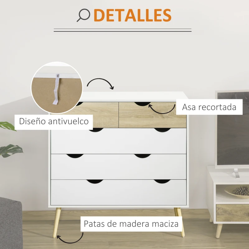 HOMCOM Cómoda para Dormitorio con 5 Cajones Patas Elevadas de Madera para Salón Oficina 99x39x101 cm Blanco y Roble