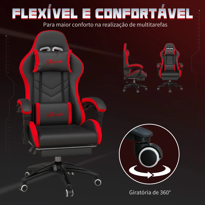 Vinsetto Cadeira Gaming Ergonómica Reclinável 135° de Couro PU com Suporte Lombar Altura Ajustável 65x65x129 cm Preto e Vermelho