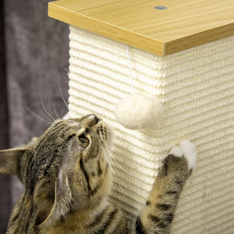 PawHut kattenboom, 80 cm, krabpaal voor katten met speelgoedbal, krabpaal van sisaltouw, krabpaal voor katten met krabplank, kattenmeubel, eiken+crèmewit