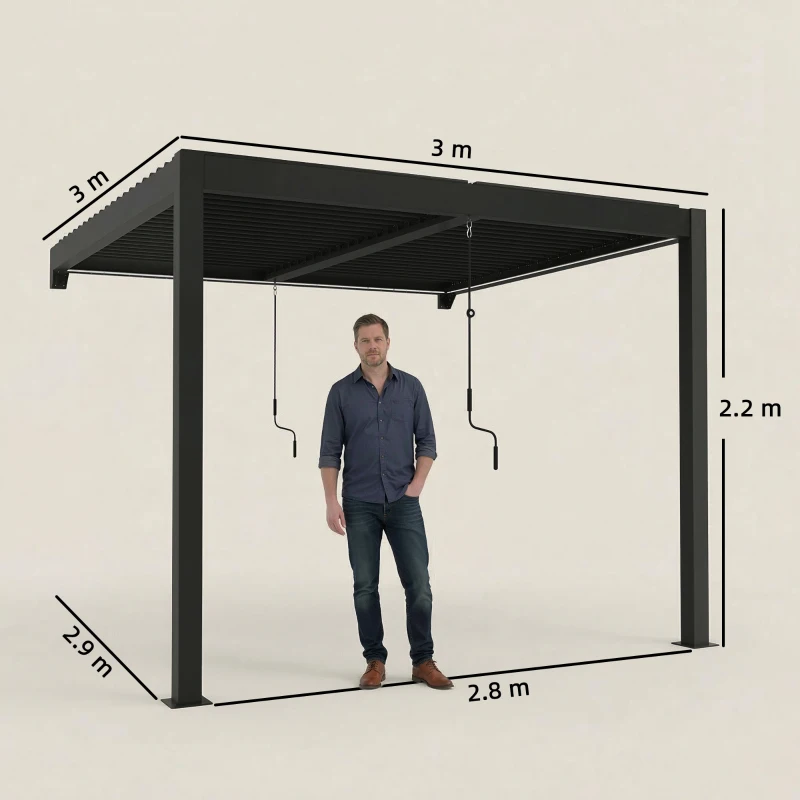 Outsunny 3 x 3 m Louvered Pergola with LED Lights, Metal Louvres, Wall Mounted Aluminium Patio Gazebo Pergola, Dark Grey