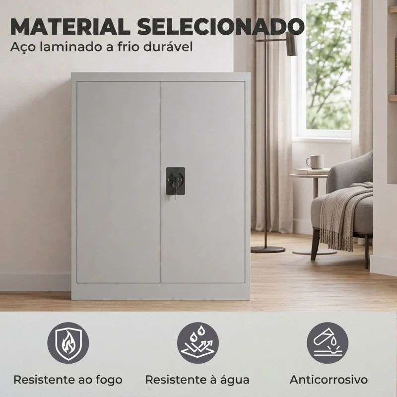 Vinsetto Armário de Escritório Metálico com 2 Portas Fechadura Prateleira Ajustável Armário Metálico 80x40x92,5 cm Cinza