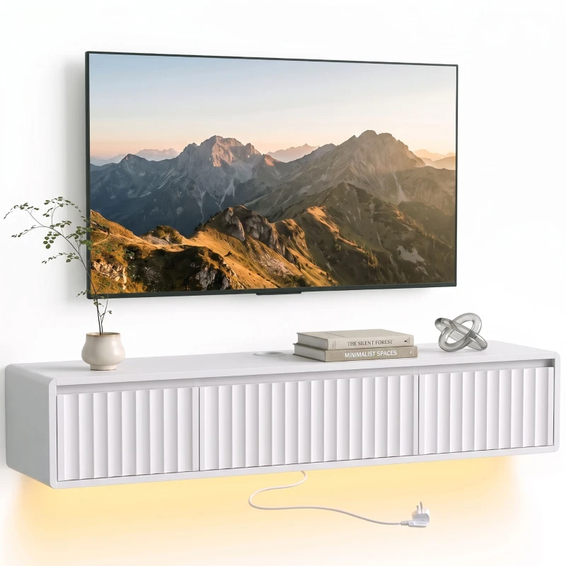 HOMCOM Meuble TV Suspendu Flottant 120 cm avec Éclairage LED et Prises, Meuble Télé pour Téléviseur 65 Pouces, Blanc