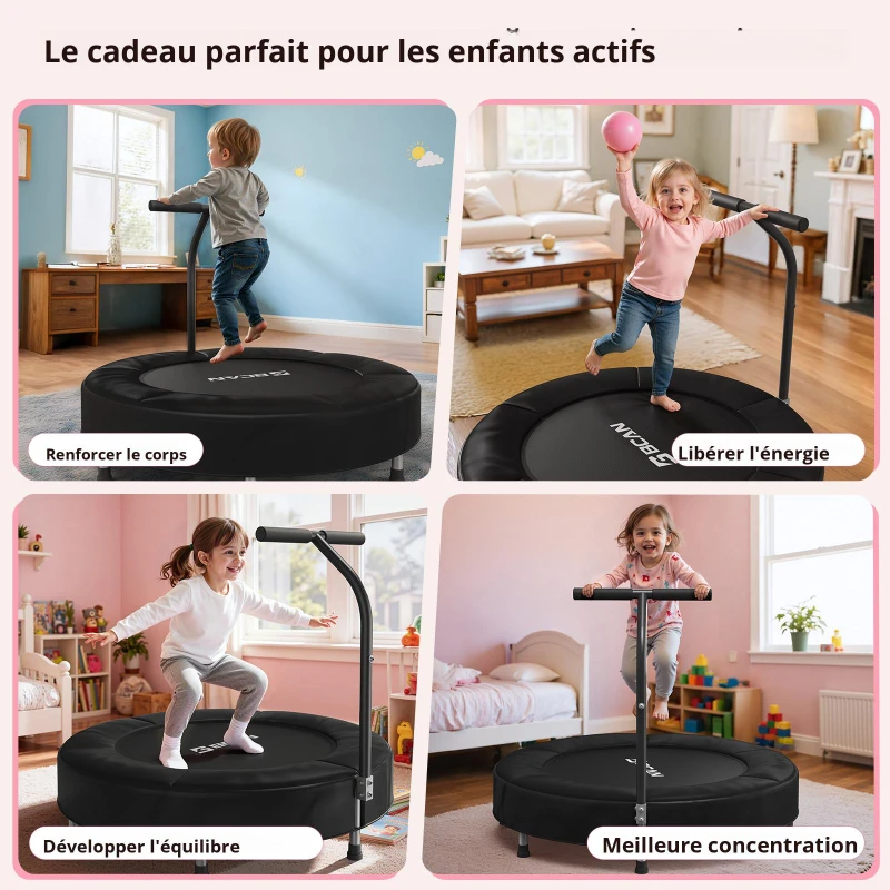 Trampoline pour enfants, tapis de saut No-Gap, poignée en mousse & pieds en caoutchouc antidérapants, 91x91x71 cm, Noir