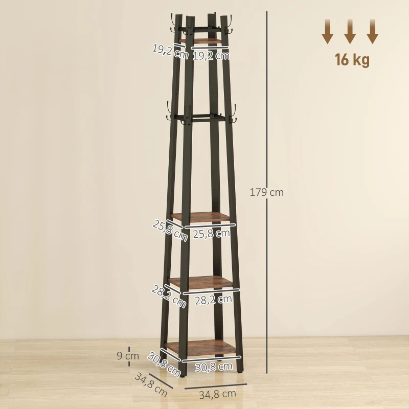 HOMCOM Perchero de Pie de 4 Niveles con 4 Estantes 8 Ganchos con Estructura Metálica para Colgar Ropa Sombrero Marrón Rústico