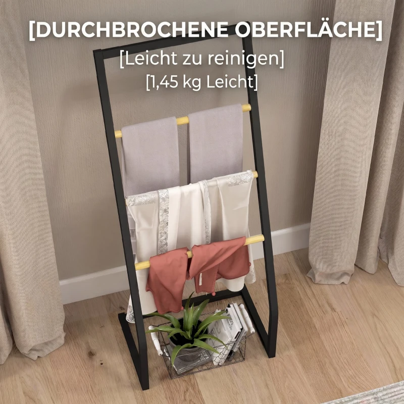 HOMCOM Suport pentru prosoape cu 4 bare din oțel și bambus, 40.5x28x98cm, negru și culoare lemn