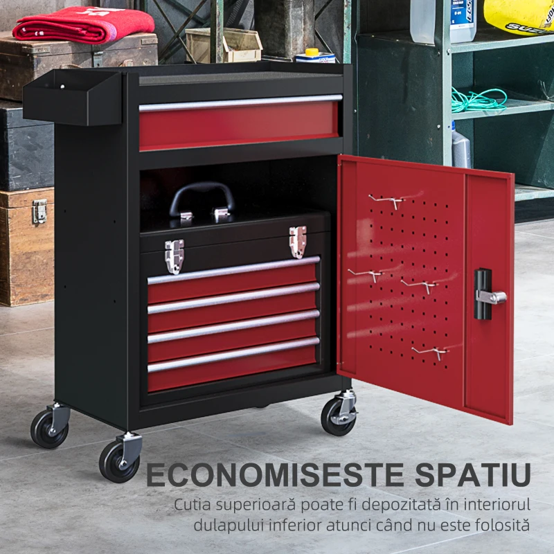 HOMCOM Carucior pentru unelte cu 5 sertare, cutie detașabilă și dulap din oțel cu cheie, roșu