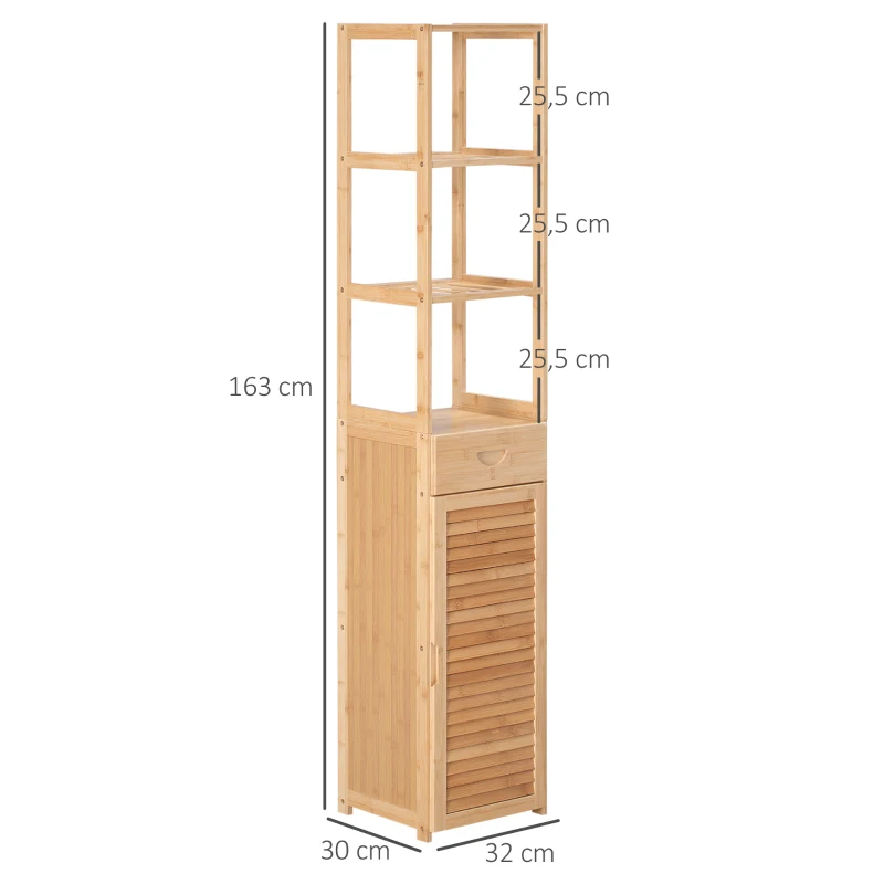 kleankin Badkamerrek, 3 open vakken, lade, lameldeur, bamboe, 32 x 30 x 163 cm(m-3)