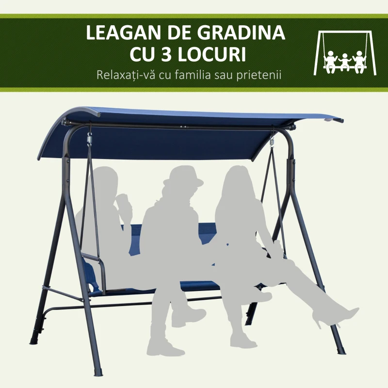 Outsunny Leagăn de Grădină pentru 3 Persoane cu Acoperiș Reglabil, Țesătură Oxford și Cadru din Oțel, Albastru Închis