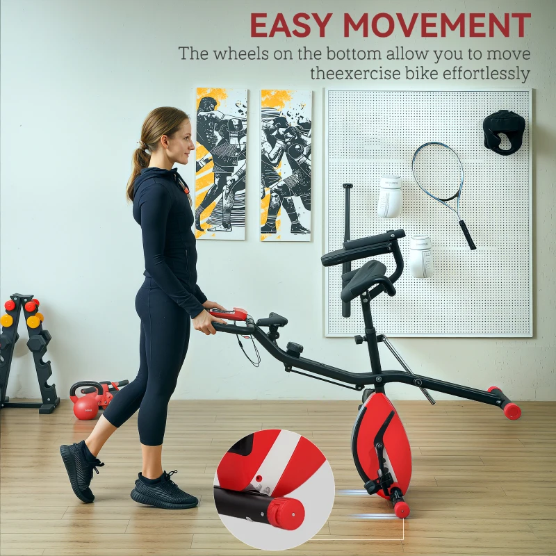 SPORTNOW Five-in-one Foldable Exercise Bike, Stationary Bike with Arm Workout Bands, LDC Monitor, Phone Holder, Red