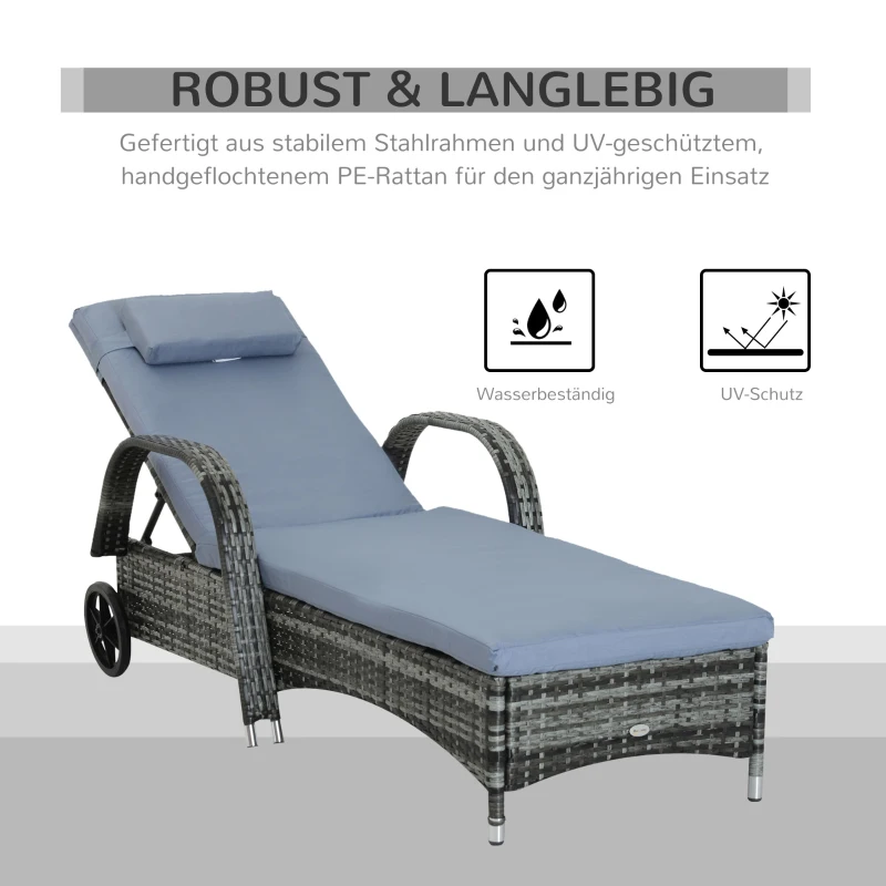 Outsunny Gartenliege mit Auflage, verstellbare Rückenlehne, Metallgestell, Polyrattan, grau, 200 x 73 x 103 cm