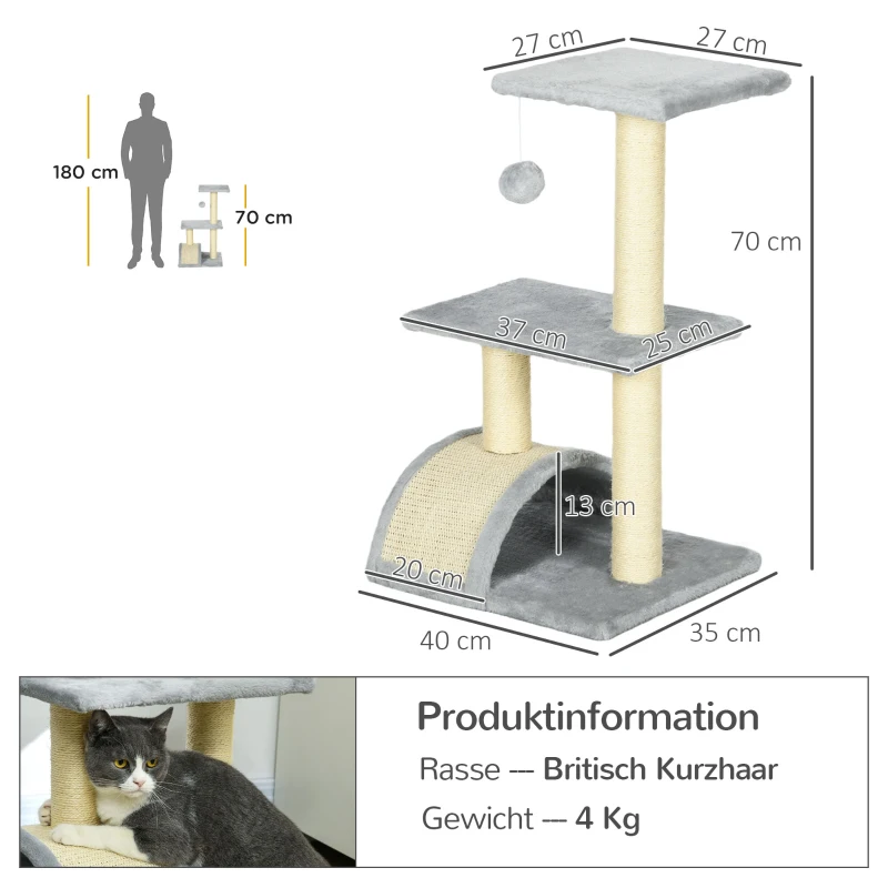 PawHut Krabpaal 72 cm Kattentoren met Pluche Ballen, Sisalpalen, Platform, Klimmat Lichtgrijs