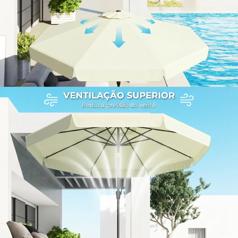 Outsunny Chapéu de Sol de Jardim Ø266x250 cm Proteção UV50+ Chapéu de Sol de Alumínio Inclinável com Teto de Ventilação Manivela para Terraço Varanda Exterior Bege