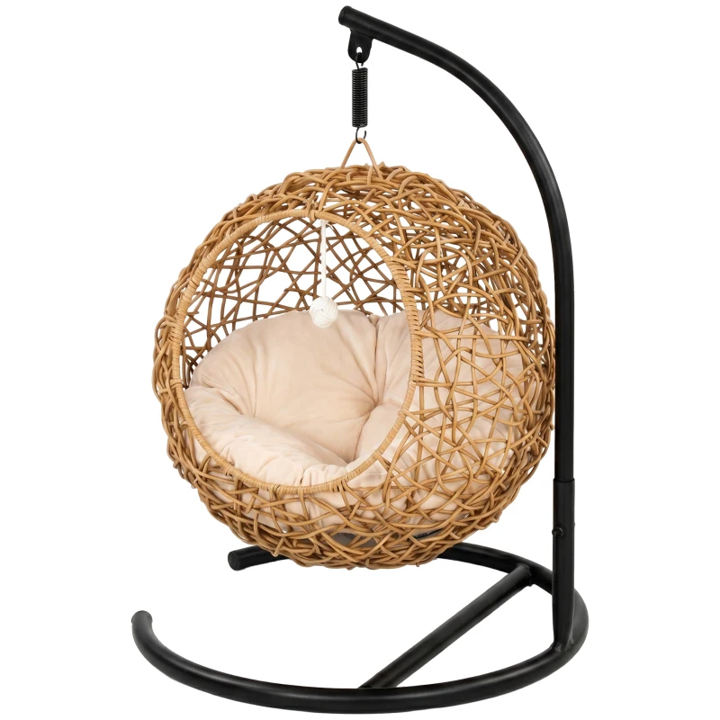 PawHut Rattan kattenmand met wasbaar kussen en speelbal, voor katten tot 10 kg, 45 x 41 x 75 cm, lichtbruin