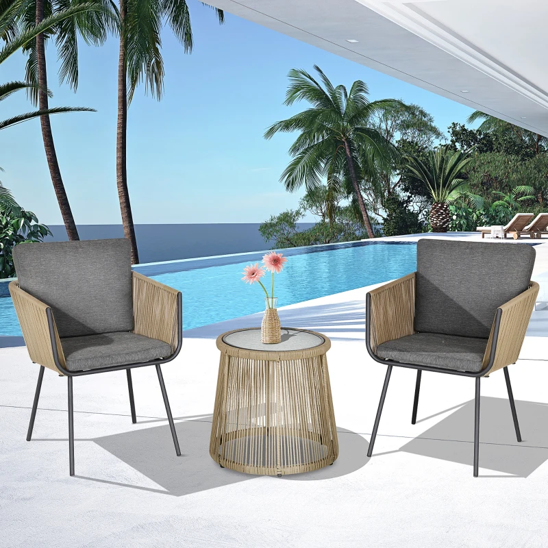 Outsunny Juego de 2 Sillas y Mesa de Ratán con Cojines Acolchados y Encimera de Vidrio para Balcón Terraza Café y Gris