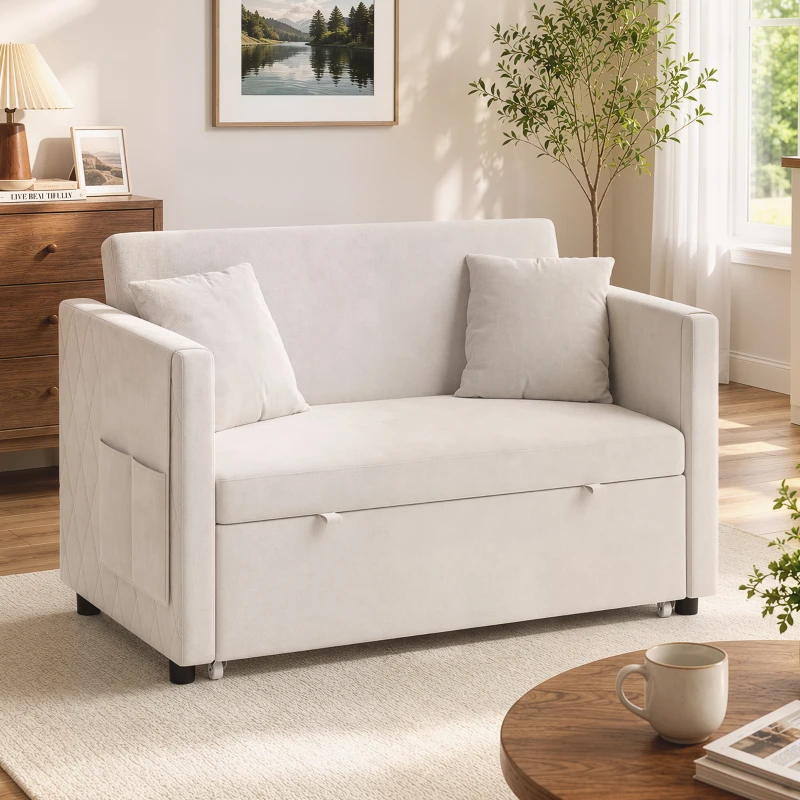 HOMCOM Sofá Cama 2 Plazas 3 en 1 de Terciopelo Holandés con Respaldo Ajustable y 2 Cojines Beige