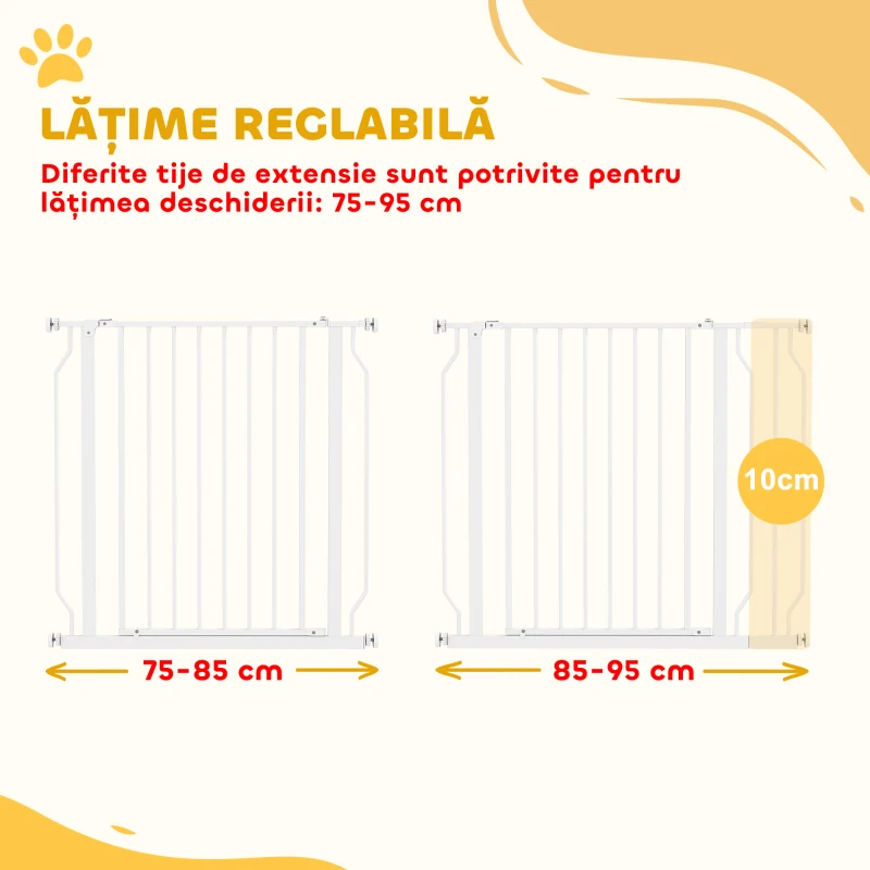 PawHut Poartă pentru Câini cu Lățime Reglabilă, cu Dublu Mecanism de Blocare, din Oțel și ABS, 76x75-95 cm, Alb