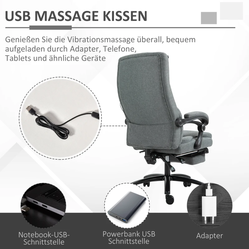 Vinsetto Massage kantoorstoel draaistoel met voetsteun in hoogte verstelbaar linnengevoel grijs(m-7)
